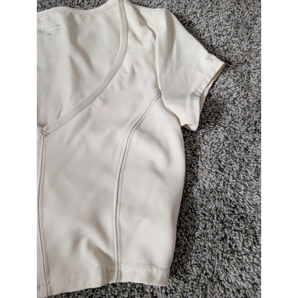 OFFLINE by Aerie Ribbed V-Neck Crop Top Cream Off-White Built-in Bra XS - Picture 2 of 4